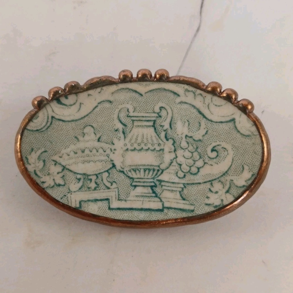 Vintage Broken China Brooch Pin Porcelain Green White Vases Copper Tone Bezel